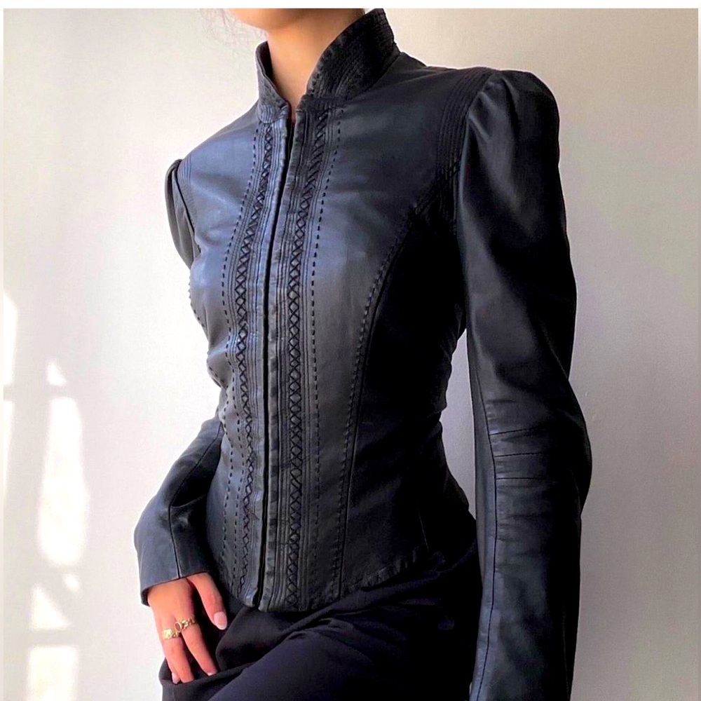 Betsey Johnson-Black Leather Rear Lace-Up/Corset Stitch Detail Moto Jacket